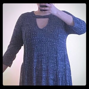 Blue, ribbed,  mock-neck, skater dress